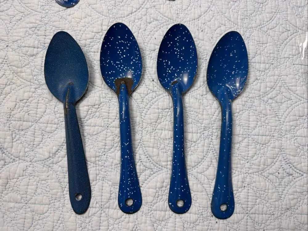Vintage Blue and White Speckled Enamelware/Graniteware Spoons - Set of 9